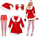 Waist Wow Mrs Claus Costume for Women 4PCS Adult Miss Claus Santa Dress Christmas Outfit with Hat Gloves Belt Striped Tights