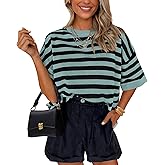PRETTYGARDEN Womens Spring Summer Tops Fashion Striped Short Sleeve Sweater Crew Neck Lightweight Knit Oversized Shirts 2025