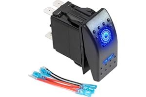 FXC Momentary (On)/Off Rocker Switch 5Pin Laser Blue LED Light 20A/12V 10A/24V Toggle Switch with Jumper Wires Set for Automotive Boat Marine Truck Jeep Off-Road Bus RV