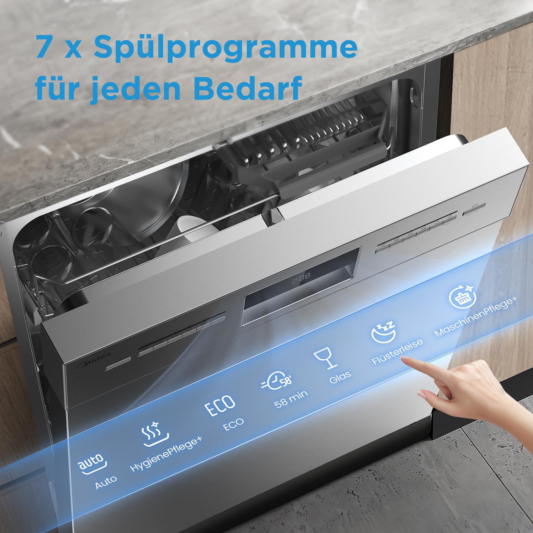 Midea SU 5.35X14CS Geschirrspüler Unterbau, 14 MGD, Spülmaschine 60 cm, Home Connect, Hygienepflege+, Maschinenpflege+, Extra Trocknung, Halbe Beladung, 44 db, Startverzögerung, Edelstahl 5