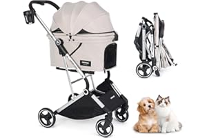 Beberoad Pets T4 Pet Stroller for Small Medium Dogs, Cat Strollers for 2 Cats, 4 Wheels Folding Pet Stroller for Cats with Pad, Canopy and Cup Holder, Beige