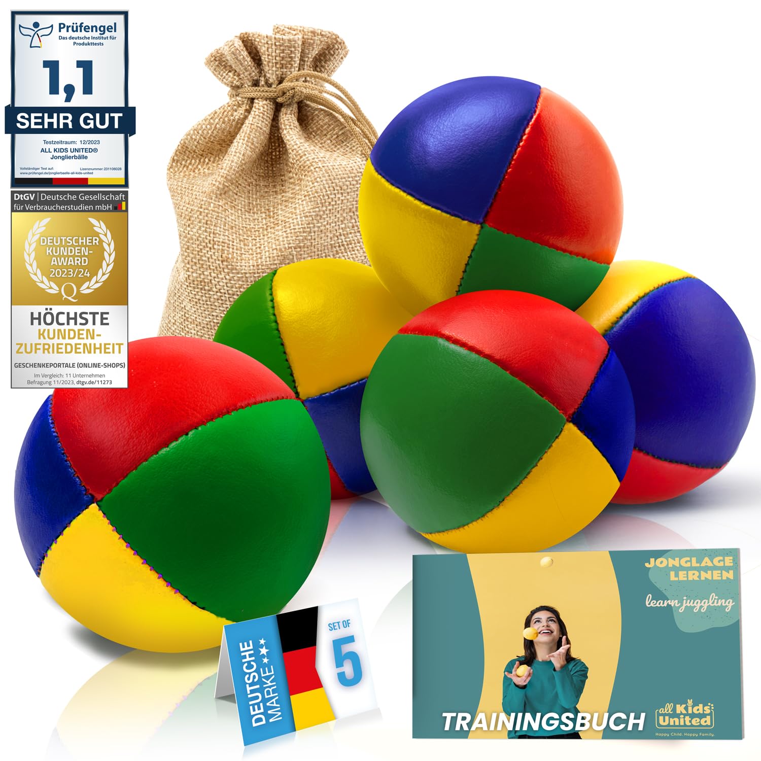 all Kids United® juggling balls in a set of 5; Professional training juggling ball set in a jute bag; Soft juggling balls for beginners & advanced jugglers with free e-book for training