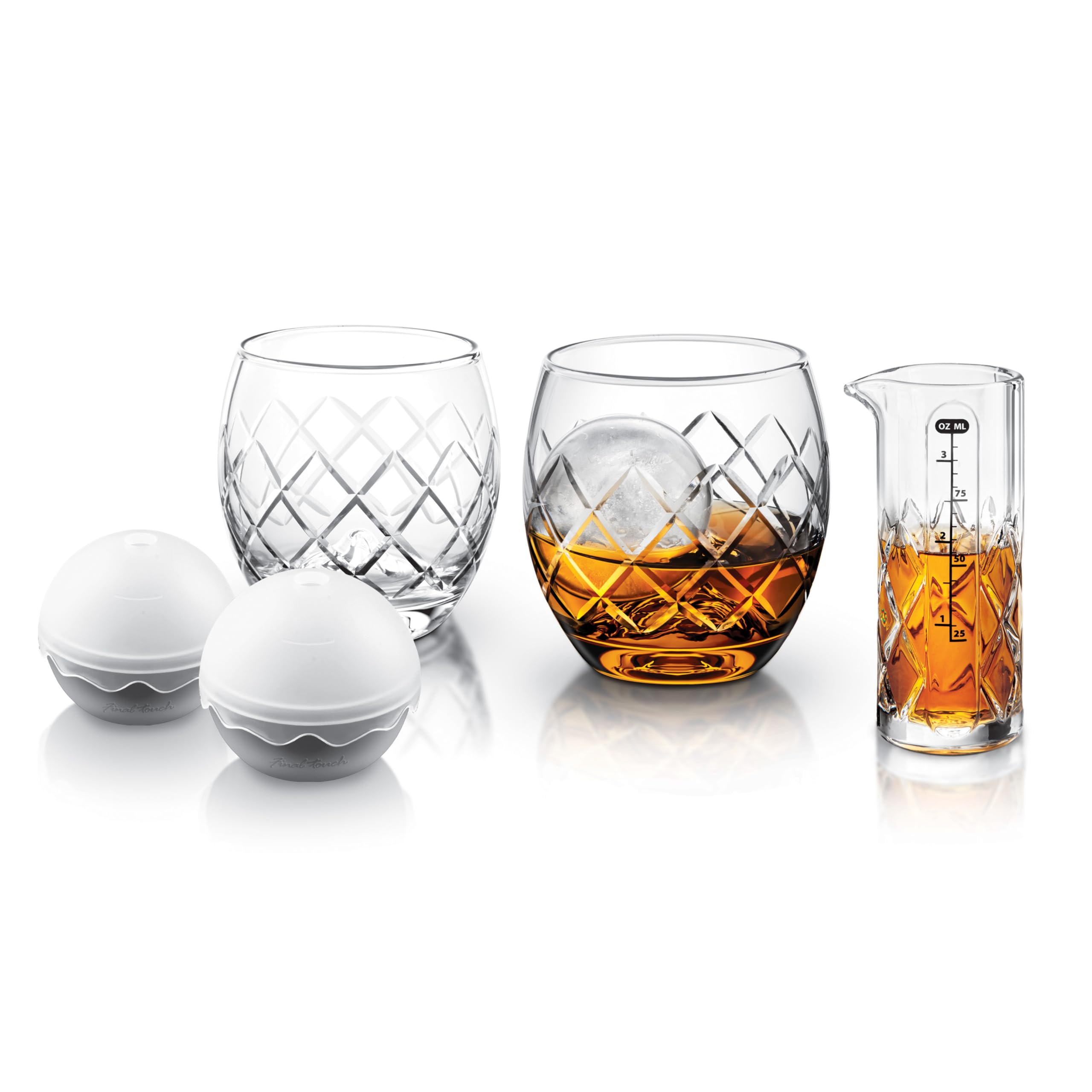 Final Touch On The Rock Glass with Ice Ball Mould & Measuring Jigger - Elevate Your Scotch, Whiskey & Bourbon Experience | Chilling Motion, Elegant Design (GS384)