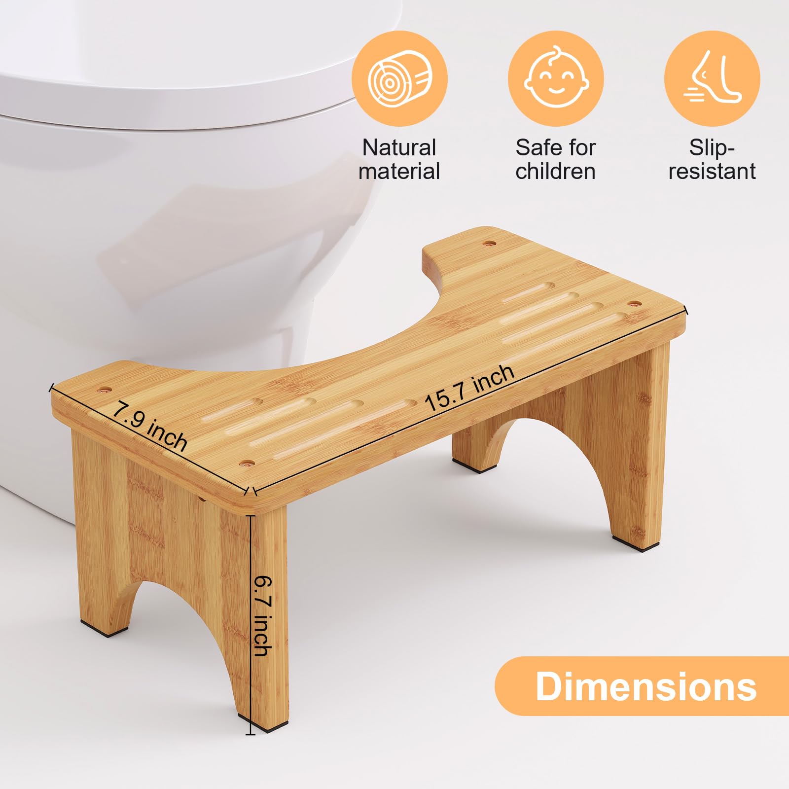 Bamboo Toilet Stool, Wooden Squatting Potty Stool for Adults, 7 Inch Toilet Stool Squat Adult, Non-Slip Wood Poop Stool for Bathroom, Portable Toilet Foot Pooping Steps for Kids