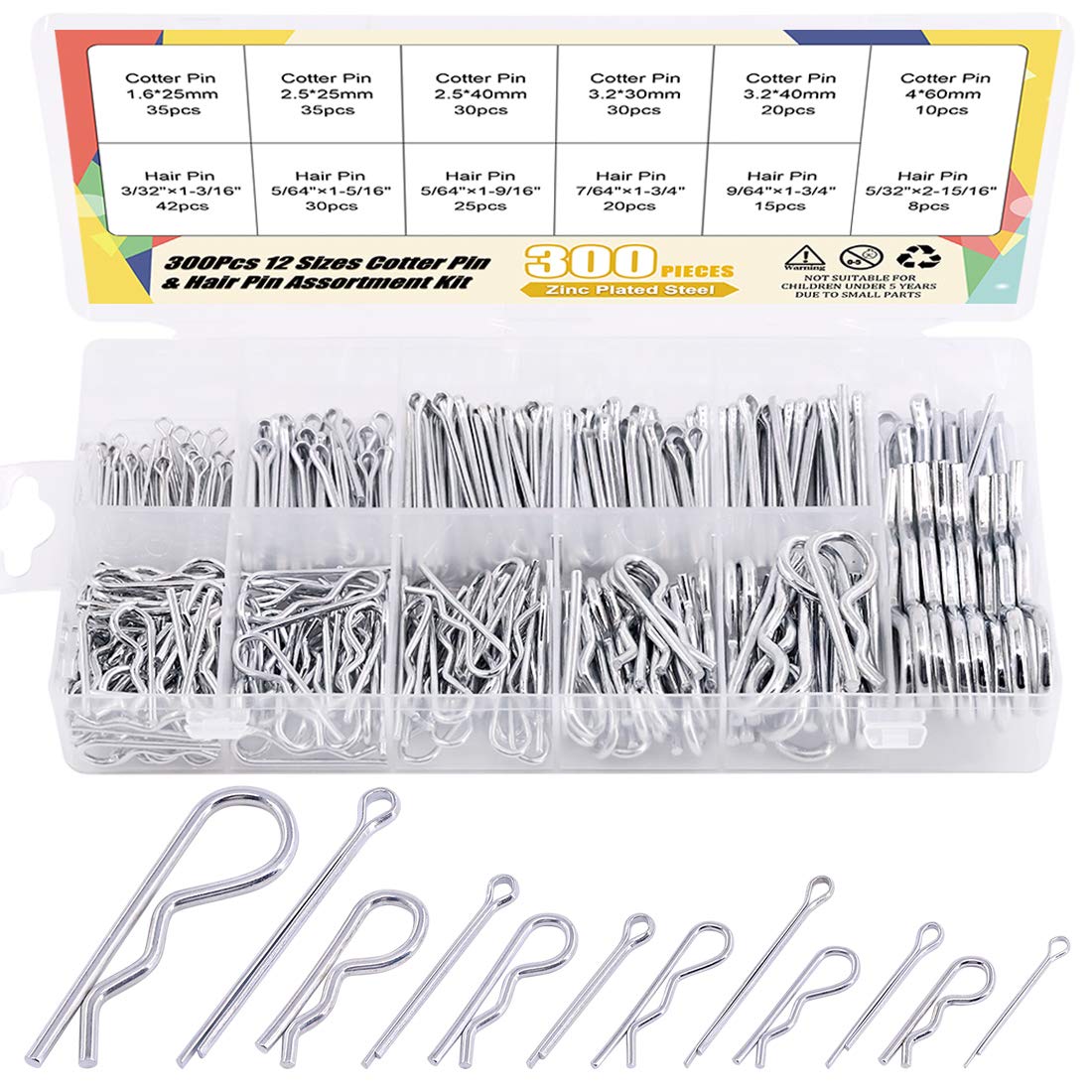 Swpeet 300Pcs Zinc Plated Steel Cotter Pin Hair Pin Hitch Pin Clips Fastener Fitting Assortment Kit, Multiple Sizes Hair Pins R Clips Fastener Set for Use on Hitch Pin Lock System