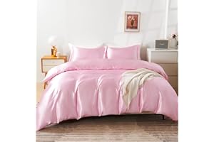 HOdo Home Satin Duvet Cover Queen Size, 3PCS Silk Like Comforter Cover, Ultra Soft and Breathable Bedding Set with Zipper Closure & Corner Ties (Pink)