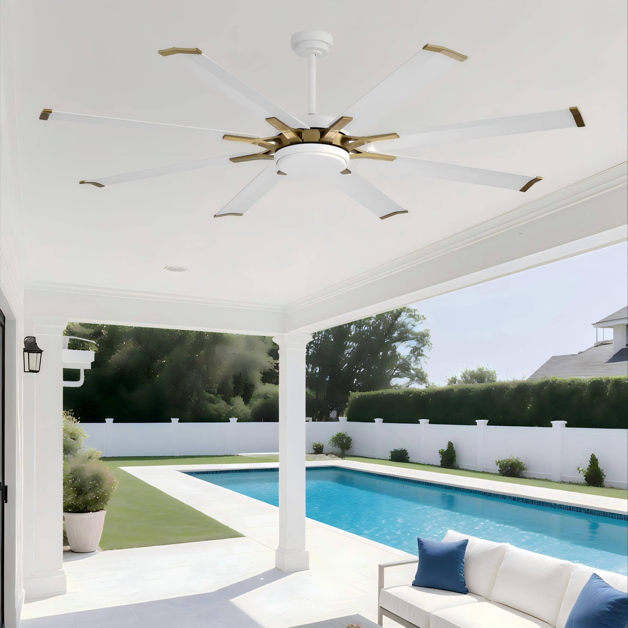 Photo 1 of **SELLING FOR PARTS AS PARTIAL SET **WINGBO 96" Large Industrial Ceiling Fans No Lights, 8 Aluminum Blades, 6-Speed Powerful Brushless DC Motor Reversible, High Volume 10000 CFM at 84 RPM, Commercial and Residential, Brass and White