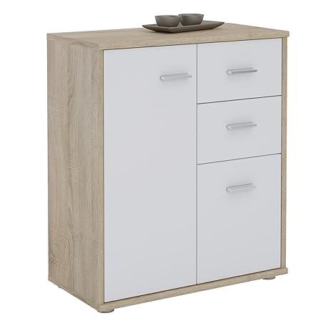 CARO-Möbel Kommode Locarno Highboard Bürokommode mit 2 Schubladen und 2 Türen in Sonoma Eiche/weiß