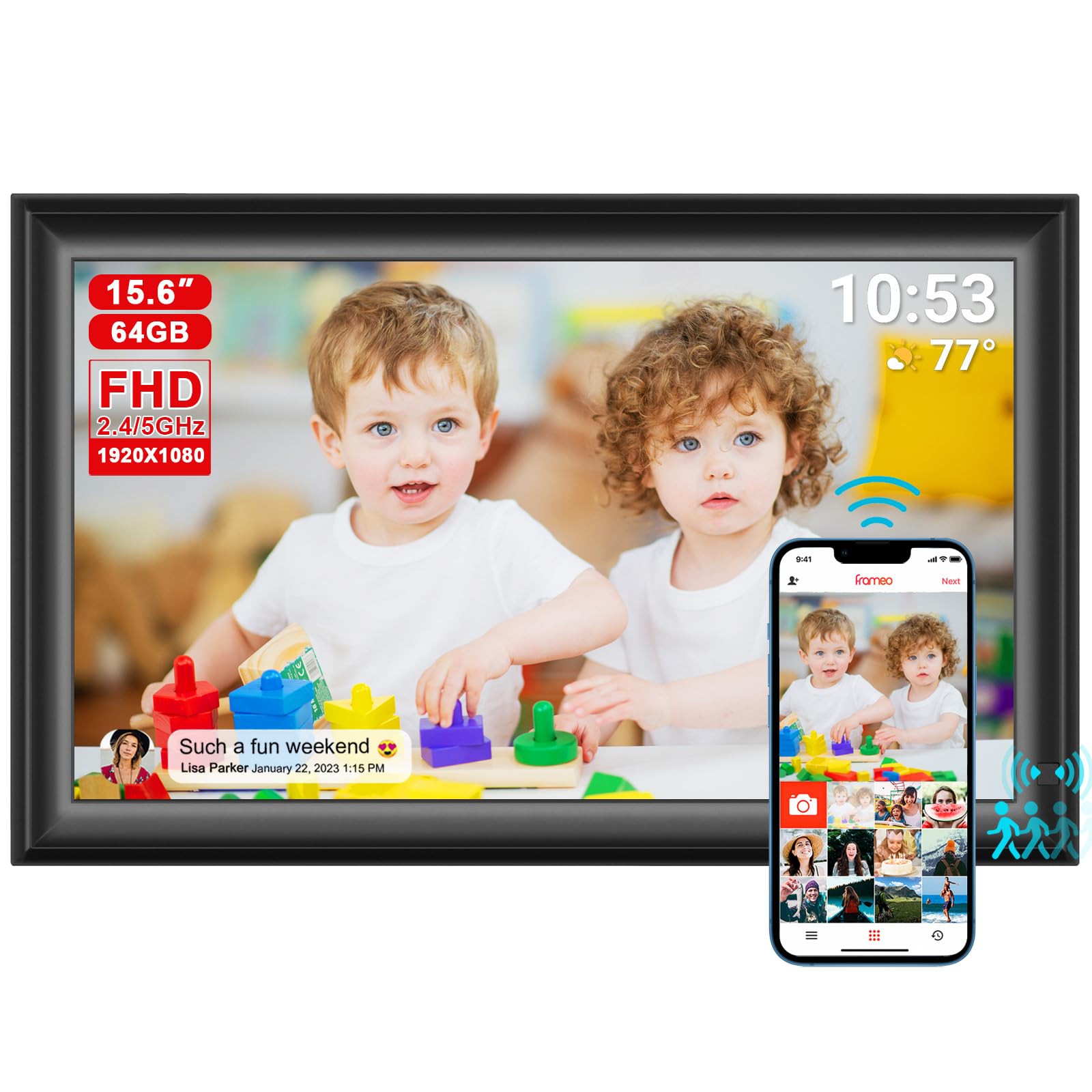 15.6inch FRAMEO Digital Photo Frame with 1920x1080 FHD IPS LCD Touch Screen, Dual-WiFi Share Photos & Videos Via Frameo, Support USB Drive/SD Card Extend Storage, Auto-Rotate, Wall Mountable With VESA