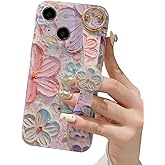 siduater Hand Strap Holder Case for 6.1" iPhone 14 with Kickstand - Wrist Strap Band Soft Design Shockproof Cover, Adjustable Handle Grip Loop for iPhone 14 6.1 Inch, Floral Pink