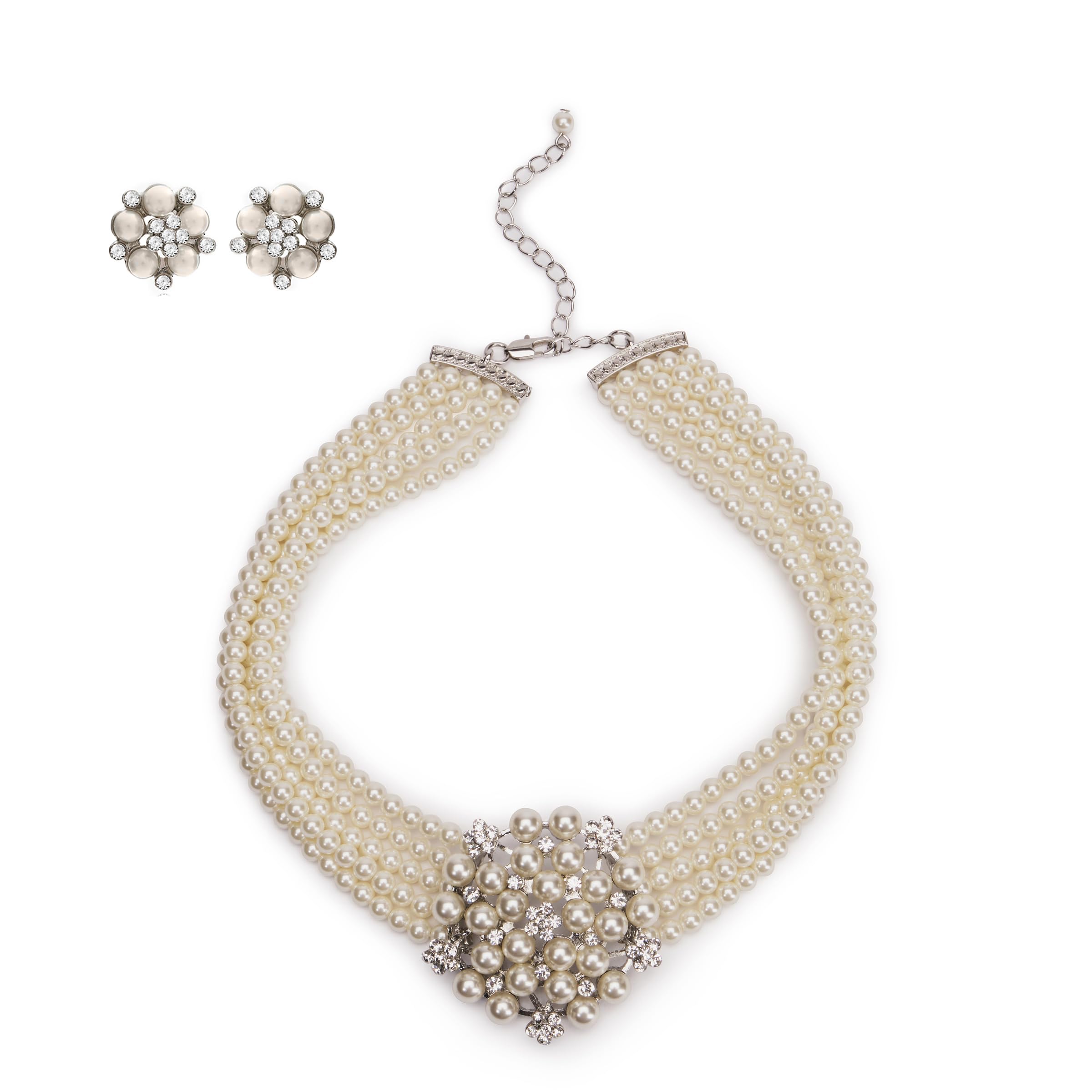 Lovett & Co - Audrey Hepburn Cream Pearl Choker Necklace & Stud Earrings Set with Glass Pearls Inspired by Breakfast at Tiffany's - Vintage Diamante jewellery for Women