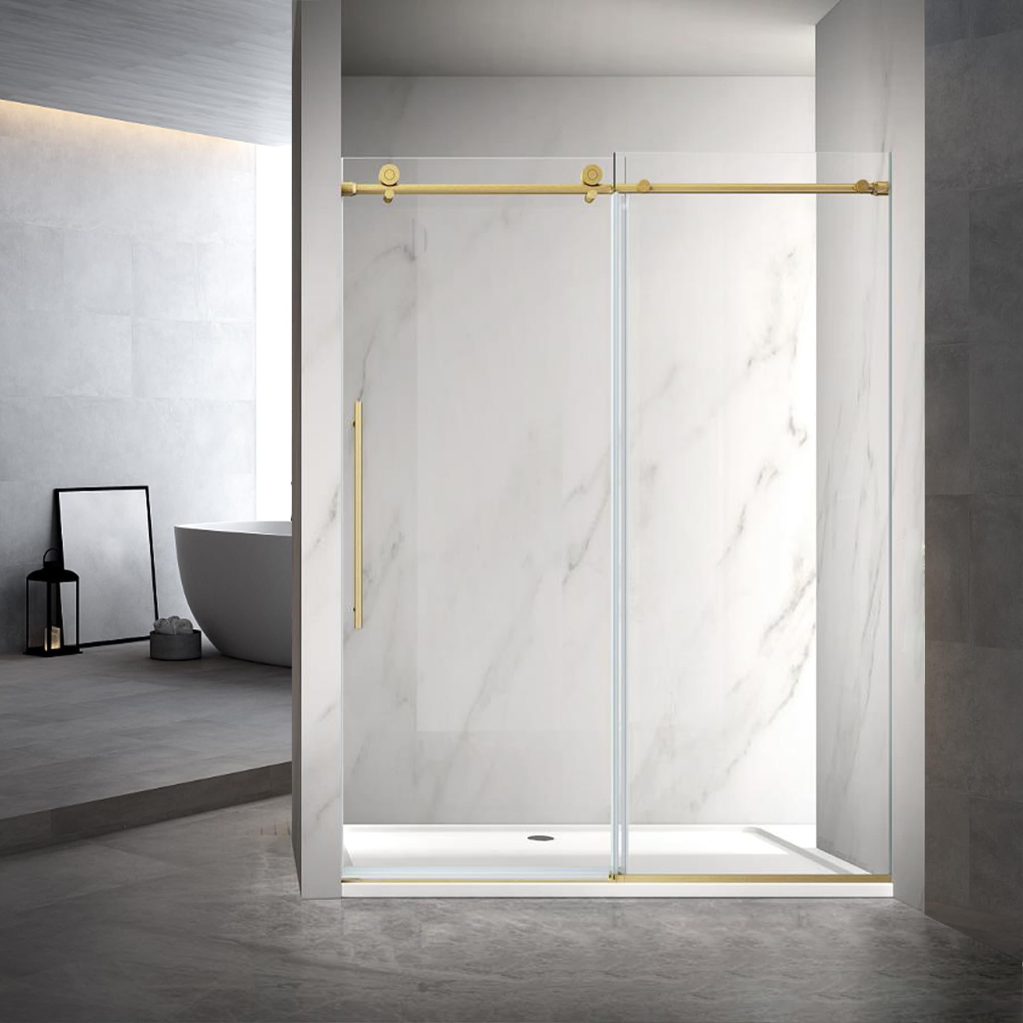 Photo 1 of Sunrosa 60" W x 76" H Frameless Shower Door, Sliding Shower Door with Soft Close System, Glass Shower Door with 3/8" (10 mm) Clear SGCC Tempered Glass, Brushed Gold