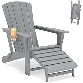 Polyhouz Folding Adirondack Chair with Retractable Ottoman,HDPE Outdoor Adirondack Chair with Cup Holder,All-Weather Lounge Chairs for Outside,Patio,Pool,Fire Pit,Grey