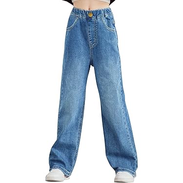 Jean Brodé Avec Nœud Pour Filles Et Enfants - Pantalon En Jean Ample élastique Taille Haute Jambe Large - Pantalon De Sol Pour Adolescent - Streetwear - Noir - Taille 14 - Pantalon 10-12 Filles