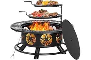 Outvue 42 Inch Fire Pit with 2 Grills, Extra Large Wood Burning Fire Pits for Outside with Lid & Poker, Heavy Duty Firepit,BBQ& Outdoor Fire Pit & Round Metal Table 3 in 1 for Patio, Picnic, Party