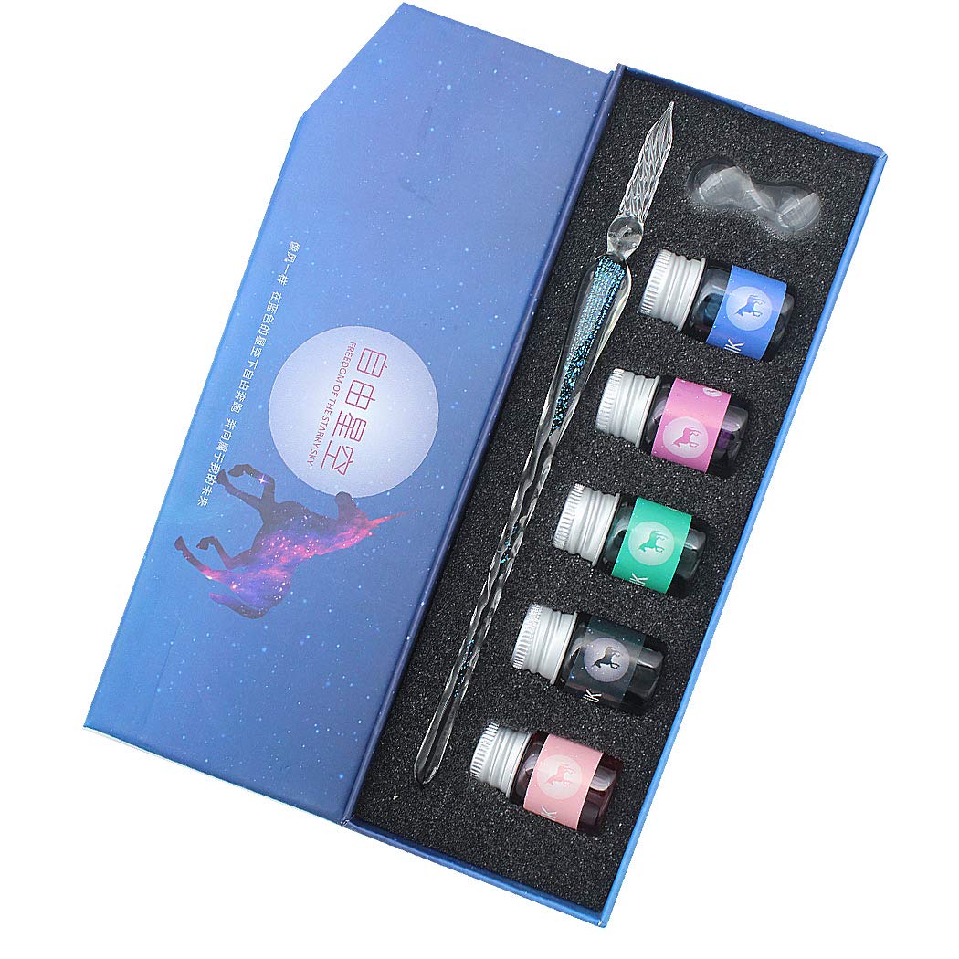 SIPLIV Handmade Glass Dip Pen Set, Starry Sky Crystal Vintage Signature Drawing Calligraphy Pen, 7 Pcs Gift Set with 5 Colors Ink, 1 Pen Holder, 1 Glass Pen - Aquamarine blue