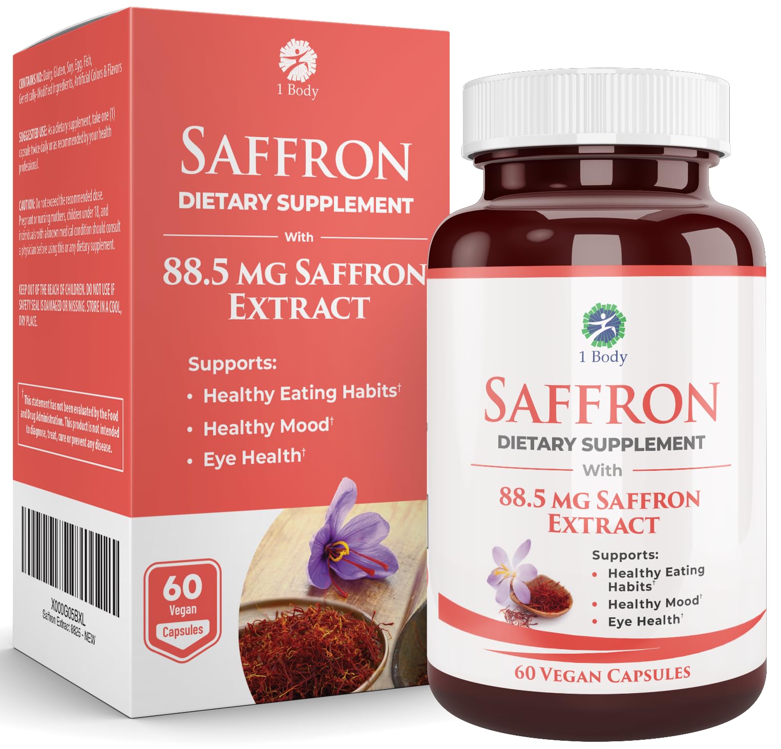 Photo 1 of 1 Body Saffron Extract Supplement, 88.5 mg Safranal, Antioxidant and Mood Support, Vegetarian Capsules
