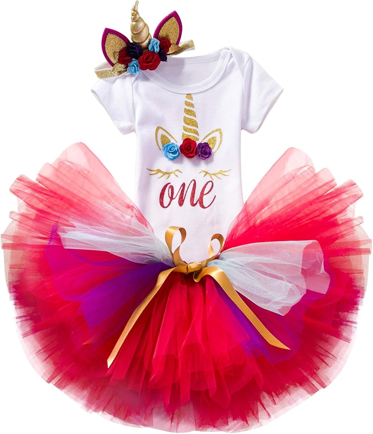 NNJXD Baby Girls 1st Birthday Unicorn Outfits Set Rainbow Tutu Skirt+ Unicorn T-Shirt+ Flower Headband