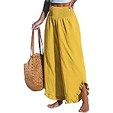 CUPSHE Women Pants Smocked Waist Straight Leg Ruffle Cuffs Loose Fit Pant Casual Beach