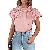 PRETTYGARDEN Business Casual Tops for Women Blouses Dressy 2026 Summer Short Sleeve Ruffle Satin Work Office Attire