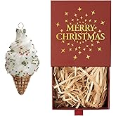 WDS WONDROUS Christmas Ice Cream Ornament & Decoration, 2.48” Glass Ice Cream Hanging Ornament Set for Xmas Tree White and Gold Decor Holiday Party Home Gift
