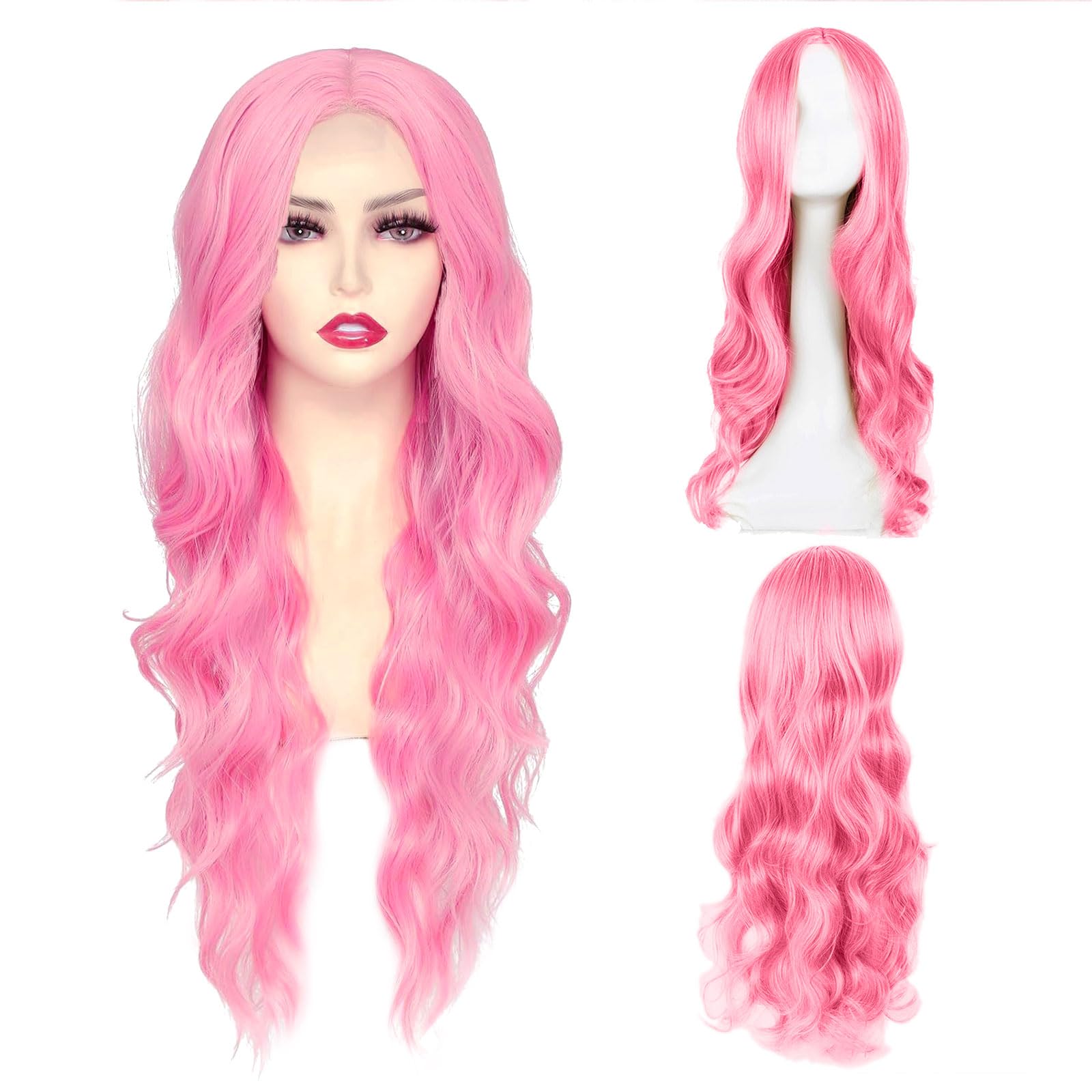 XNIVUIS Pink Wigs for Women, Long Wavy Curly Wigs for Women Girls, Full Hair Middle Parting Wig for Daily Wear Cosplay Masquerade Halloween (Pink)