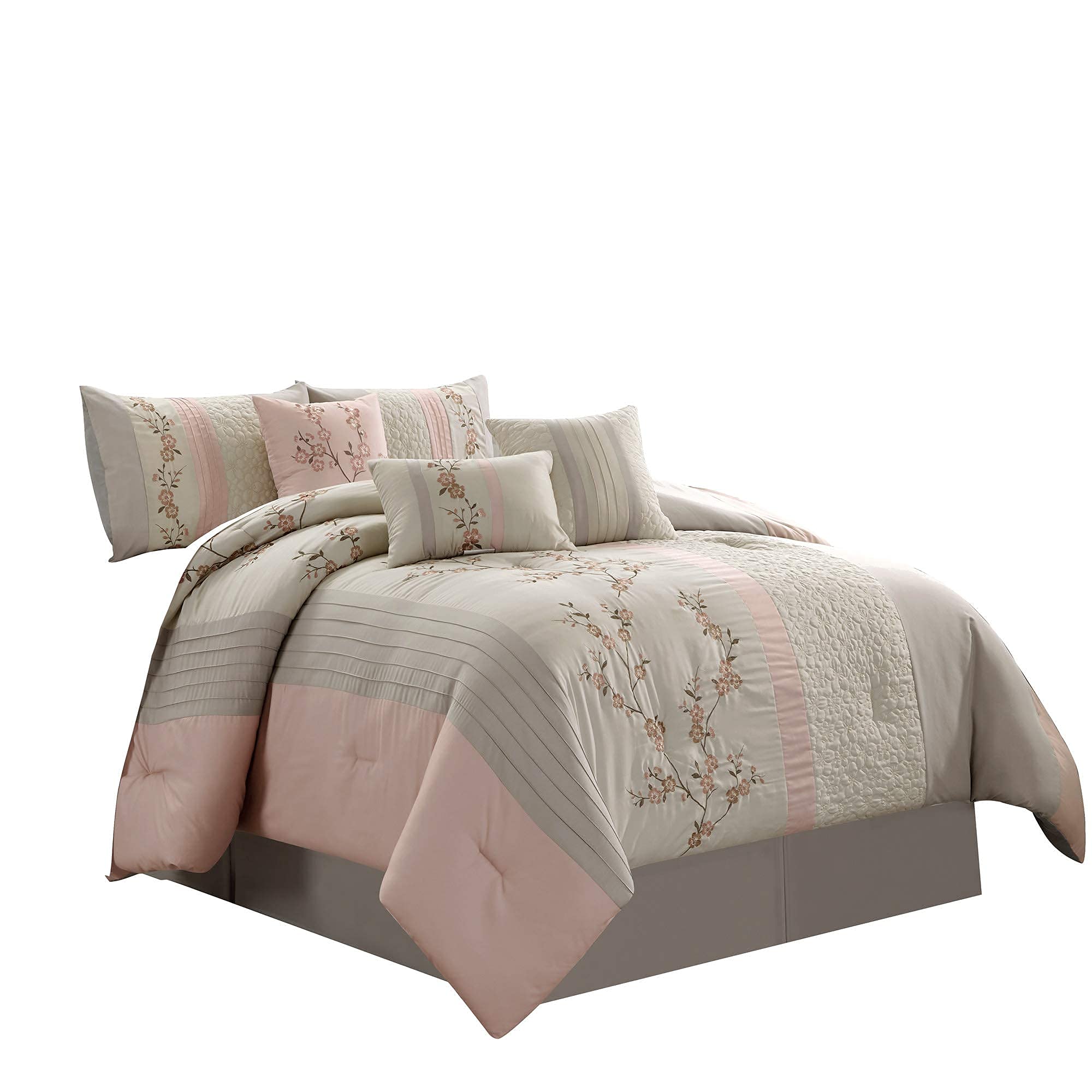 Photo 1 of Chezmoi Collection Linnea 7-Piece Luxury Blush Taupe Cherry Blossom Floral Embroidery Comforter Set, King