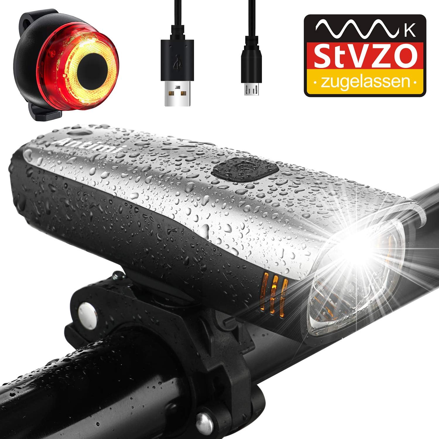 Bike Light Set Latest Version, Antimi LED Bicycle Light USB Rechargeable Waterproof Headlamp For