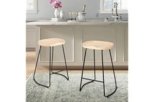 HeuGah Bar Stools, Solid Wood Barstools Set of 2, 26" Counter Height Bar Stools with Metal Leg,Rustic Backless Bar Stools for Kitchen Island,Bar Chairs with Solid Wood Saddle Seat (Burlywood, 26 Inch)