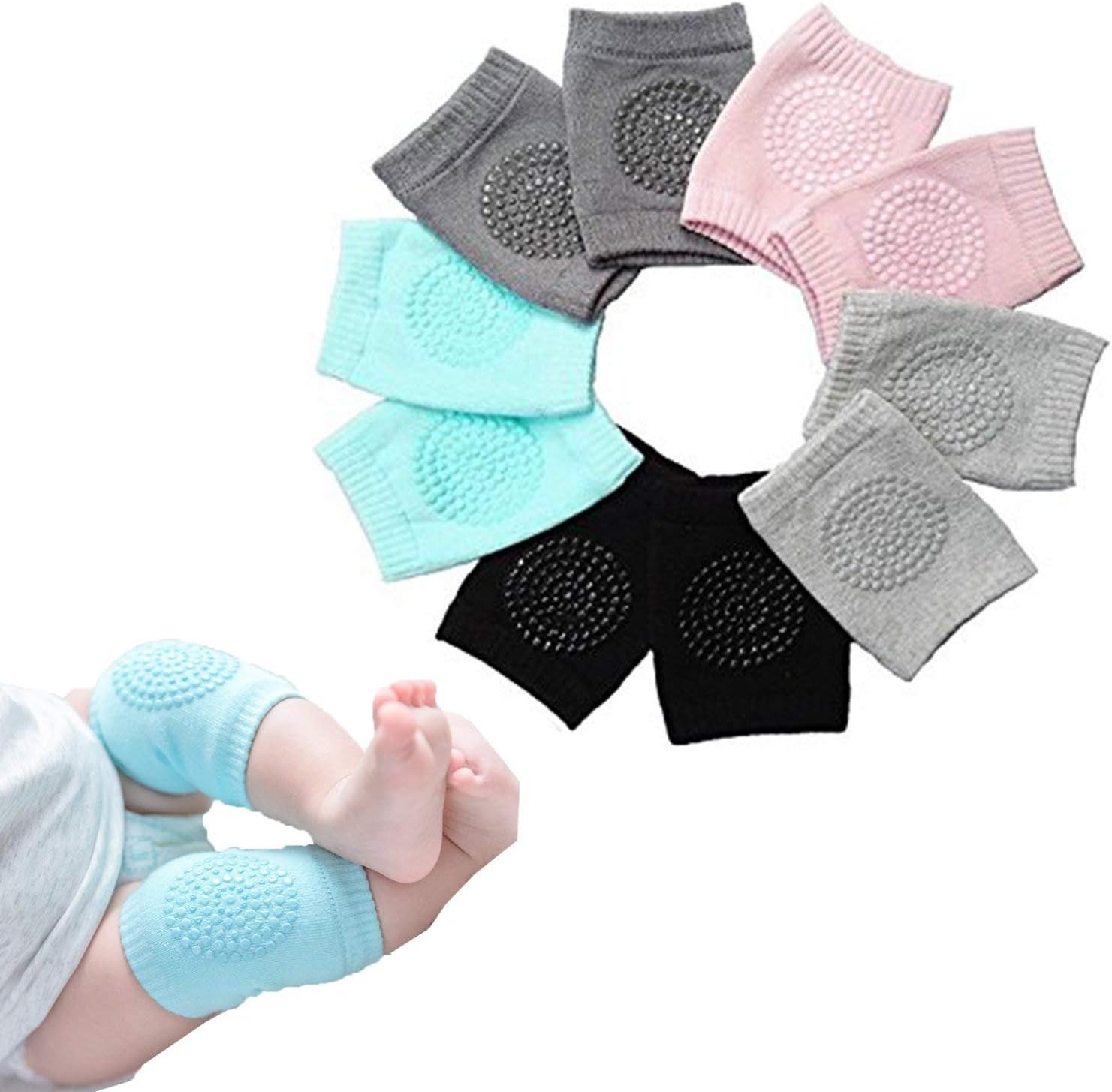RIANZ Baby Knee Pads for Crawling, Anti-Slip Padded Stretchable Elastic Cotton Soft Breathable Comfortable Knee Cap Elbow Safety Protector (Multi Color) (Set of 1 Pair)