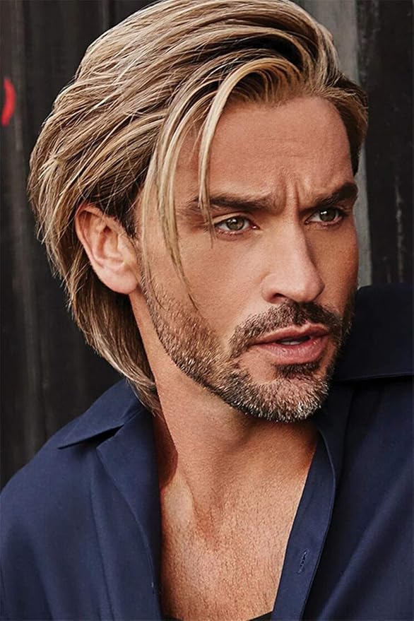 Mens Daily Use Wig Medium Brown Wig Slanted Fringe Synthetic Hair Wig