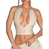 SOLY HUX Women's Metallic Halter Tops Deep V Neck Sleeveless Backless Crop Tank Top Rave Party Clubwear