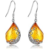 POPLYKE Lotus Hummingbird Bee Earrings 925 Sterling Silver Teardrop Moonstone Amber Onyx Lapis Lazuli Larimar Rose Quartz Moss Agate Dangle Earrings for Women Gemstone Jewelry