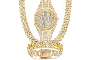 NUAYA 3PC Watch + Necklace + Bracelet Jewelry Set Cuban Link Chain Bling'ed Out to Shoot Designed for Kings W/Hard Hitter Big Demeanors! Stand Out W/This Diamond Iced Dial