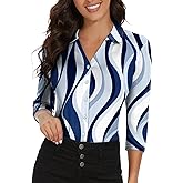 Soneven Womens 3/4 Sleeve Button Down Shirt V Neck Collared Polo Shirts Work Blouses