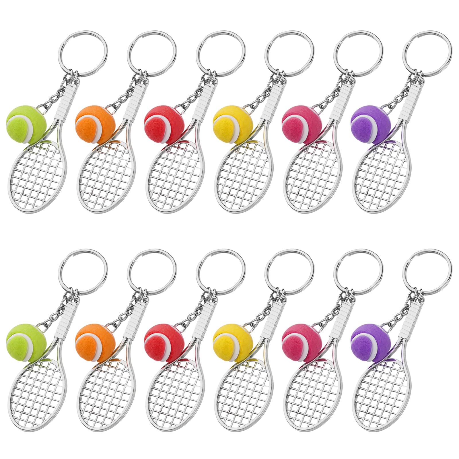 MengH-SHOP Sports Keychain Tennis Ball Keyring Mini Metal Racket Keyring Creative Ball Split Keychain Gift for Tennis Lovers 12 Pieces (6 Color Balls)