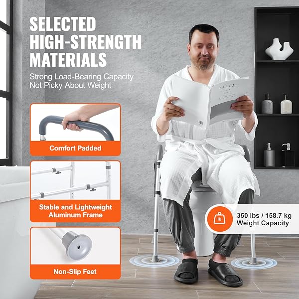 VEVOR RAISED TOILET SEAT, 7-POSITION HEIGHT ADJUSTMENT 19.3″ – 25.2″, 350LBS WEIGHT CAPACITY, WITH COMFORT PADDED ALUMINUM FRAME, UNIVERSAL TOILET SEAT RISER, FOR ELDERLY, HANDICAP, PREGNANT, MEDICAL