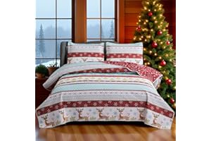 OLIVEN 3 Pcs Reversible Christmas Reindeer Bedding Quilt Set King Size Xmas Deer Bedspread New Year Snowflake Coverlet Holiday Bedroom Home Decor