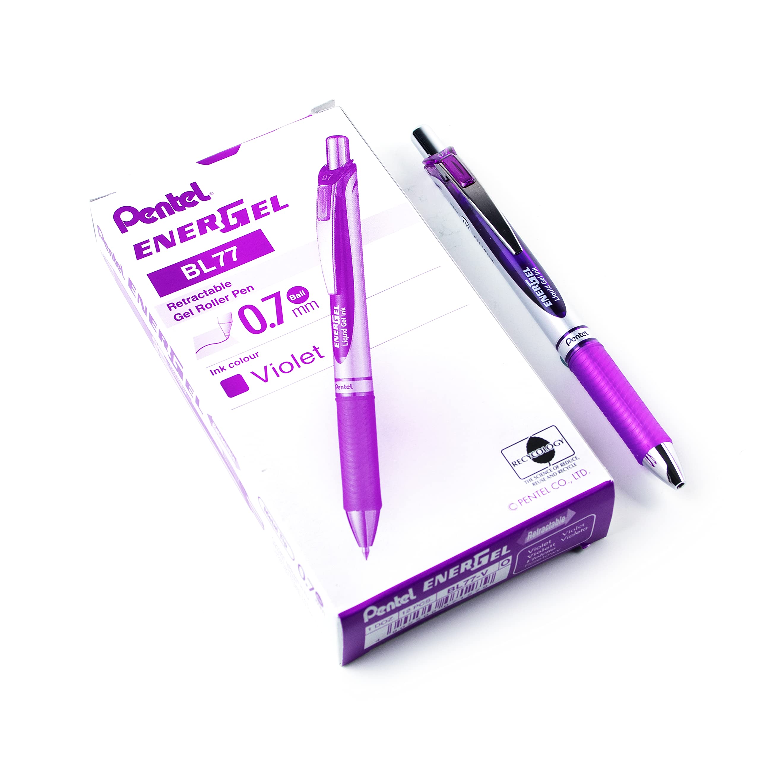 Pentel Energel XM Retractable Gel Pen with 0.7 mm Tip, 0.35 mm Line Width - Violet, Pack of 12, BL77-V