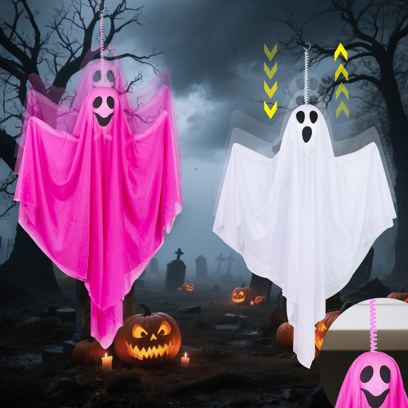 Photo 1 of [ Spring Hanging Cord ] 2 Pack Halloween Hanging Ghost Decorations, 37" White & Pink Flying Ghosts with Bendable Arms, Pink Halloween Decor for Tree, Yard, Window, Garden, Indoor/Outdoor Party Decor