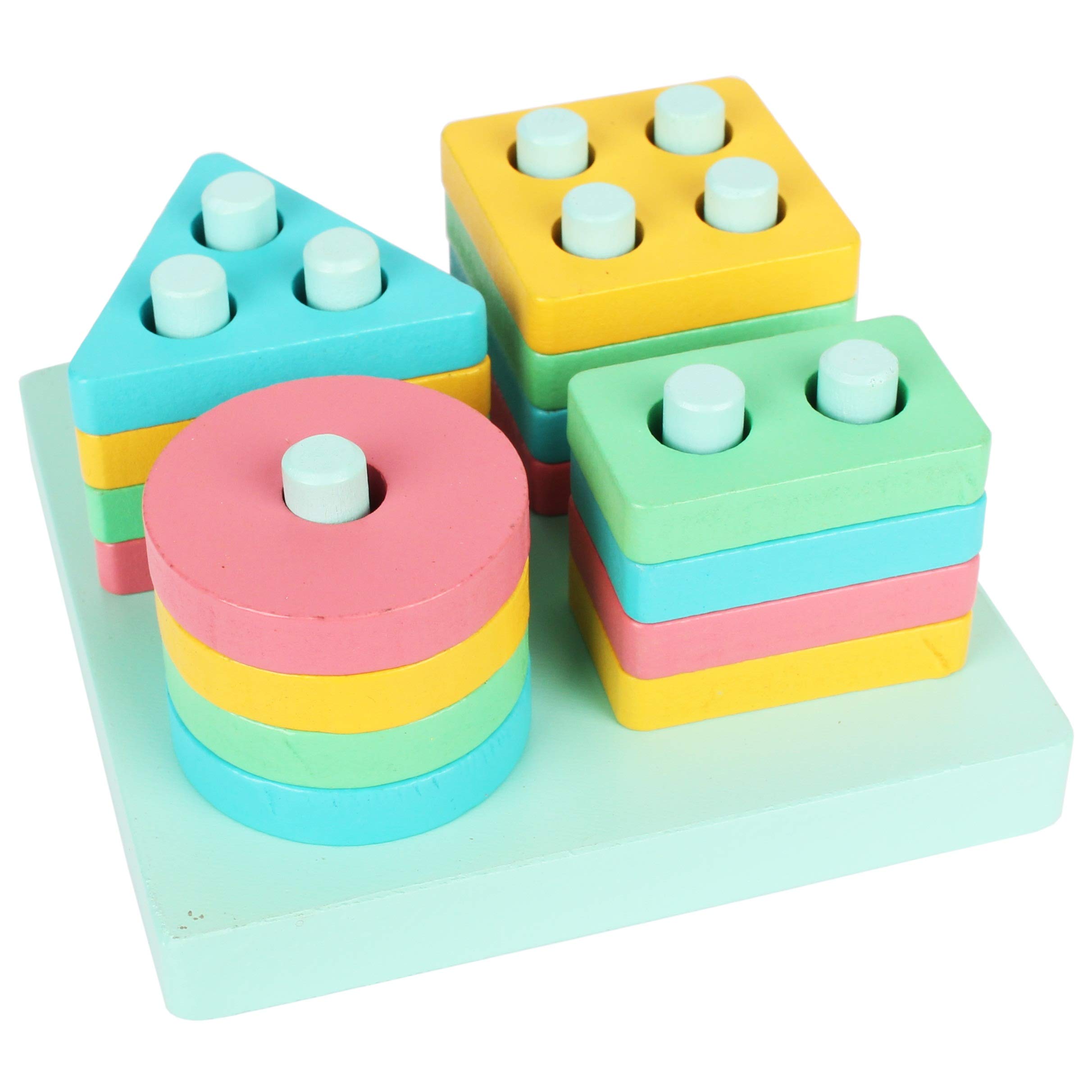 FeiWen Geometric Shape Sorters for 1 2 3 year olds Creative Building Blocks Wooden Stacking Puzzle Toys Early Educational Game for Children Toddler (Four sets of columns)