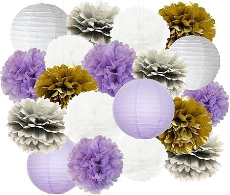 Furuix 20pcs White Purple Gold Grey Tissue Paper Pom Poms Paper