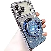 Changjia Glitter Kickstand Case for iPhone 17 Pro,Cute Luxury Bling Sparkly Diamond Rhinestones with Camera Lens Protector Liquid Flowing Ring Stand TPU Bumper Women Girls Case for iPhone 17 Pro, Blue