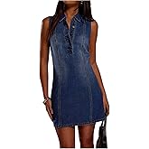 MakeMeChic Women's Sleeveless Denim Mini Dress Button Front Collared Summer Jean Tank Dresses