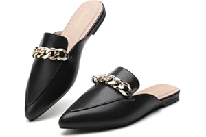 Tilocow Mules for Woman Metal Chain Slip On Flats Business Pointed Toe Loafers Backless Women Mule Shoes