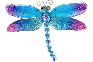 John's Studio Metal Dragonfly Wall Decor Bathroom Glass Art Iron Sculpture Outdoor Orange Hanging Decoration for Home Bedroom Garden Patio Porch or Fence - Blue