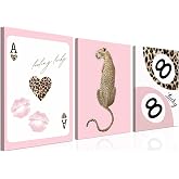 Trendy Leopard Canvas Wall Art Set of 3 - Pink Cheetah Prints Wall Decor Pictures, Funky Lucky You 8 Ball Poster Preppy Aesthetic Paintings, for Girls Bedroom Dorm Apartment 12x16 inch Framed