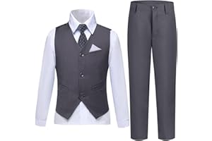 LOPEN STU Boys Suit Formal Dress Pants Vest Suit Set for Boys Wedding Outfits with Dress Shirt Tie and Pocket Square
