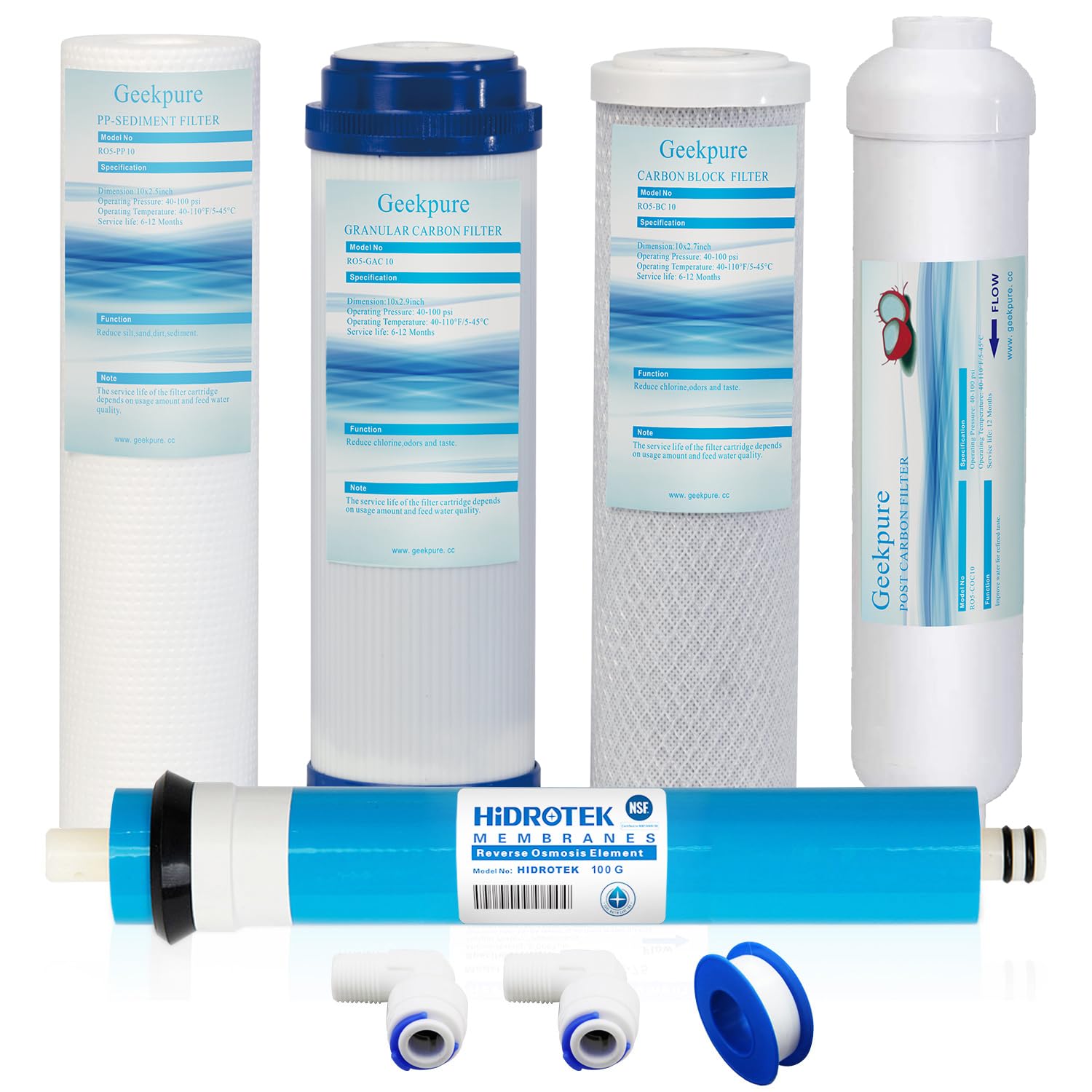 Universal Compatible 5 Stage Reverse Osmosis Replacement Filter Set with 100 GPD Membrane -Standard 10 Inch