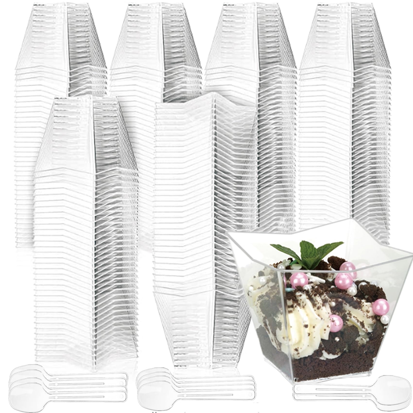 Photo 1 of LyyGuanYoo 100 Pack 4Oz Dessert Cups with Spoons, Plastic Square Parfait Cups for Parties, BPA free Clear Mini Appetizer Shooters Cups for Ice Cream, Pudding, Tasting Party